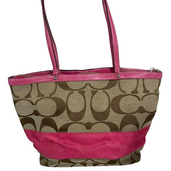 2009 COACH Signature Collection Khaki Pink Stripe Tote F13548 NO TAG - Picture 1 of 13